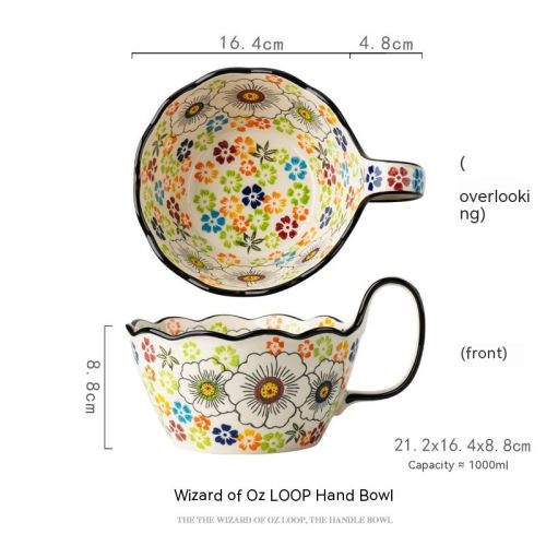 Hand-painted Handle Ceramic Tableware Household Vintage Soup Bowl Instant Noodles Salad Bowl